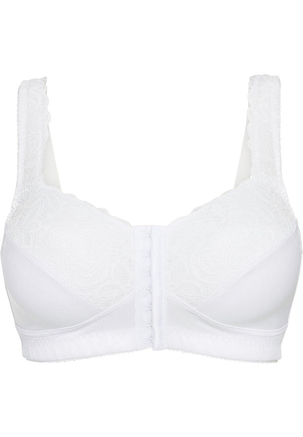 bonprix - Biustonosz odciążający bez fiszbinów z wygodnym zapięciem z przodu. Kolor: biały. Materiał: koronka. Wzór: koronka