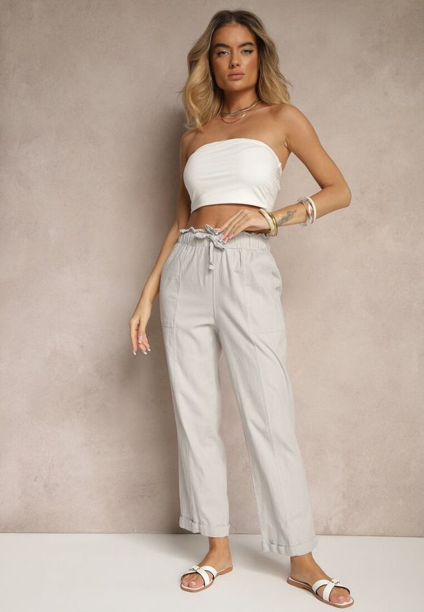 Renee - Jasnoszare Spodnie z Bawełny High Waist z Wiązaniem Tyswia. Okazja: na co dzień. Stan: podwyższony. Kolor: szary. Materiał: bawełna. Styl: casual, elegancki