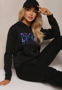 Renee - Czarny Ocieplany Komplet Dresowy Bawełniany Spodnie Joggery i Bluza Zdobiona Nadrukiem Filoira. Kolor: czarny. Materiał: dresówka, bawełna. Wzór: aplikacja, nadruk #5
