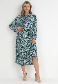 Born2be - Niebieska Koszulowa Sukienka Midi z Wiązanym Paskiem Evalyn. Kolor: niebieski. Materiał: materiał. Długość rękawa: długi rękaw. Typ sukienki: koszulowe. Długość: midi #1