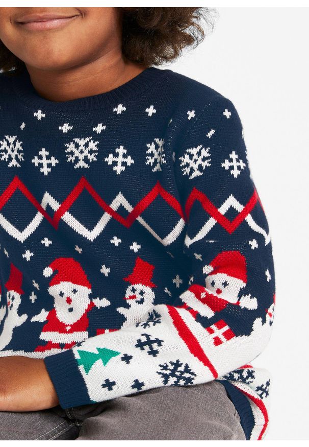 bonprix - Sweter dziecięcy bożonarodzeniowy z bawełny. Kolor: niebieski. Materiał: materiał, bawełna, dzianina. Sezon: zima