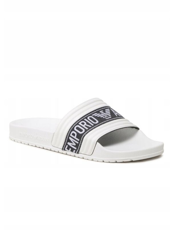 Emporio Armani - EMPORIO ARMANI Białe klapki męskie. Kolor: biały. Materiał: materiał. Wzór: haft