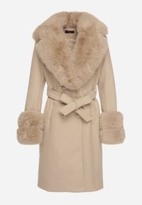 Born2be - Beżowy Elegancki Płaszcz o Dwurzędowym Kroju z Futerkiem Landrie. Okazja: na co dzień. Kolor: beżowy. Materiał: futro. Styl: elegancki