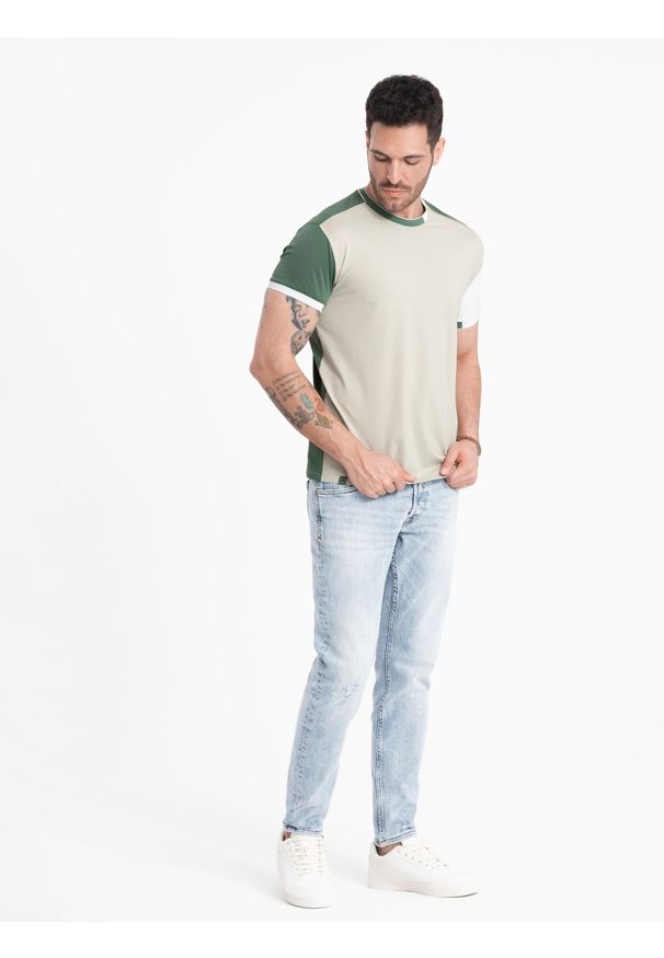 Ombre Clothing - T-shirt męski z elastanem z kolorowymi rękawami - zielony V5 OM-TSCT-0176 - XL. Okazja: na co dzień. Kolor: zielony. Materiał: elastan. Wzór: kolorowy. Styl: klasyczny, casual