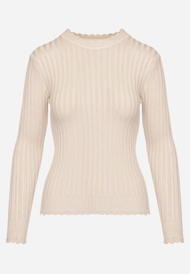 Born2be - Beżowy Prążkowany Sweter z Bawełną Mevin. Okazja: na co dzień. Kolor: beżowy. Materiał: bawełna, prążkowany. Styl: casual, elegancki