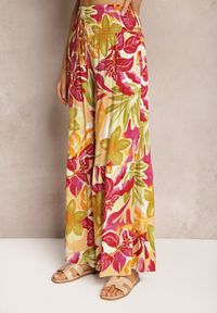 Renee - Żółto-Różowe Spodnie High Waist z Wiskozy Typu Palazzo z Gumkami w Talii Haestria. Stan: podwyższony. Kolor: żółty. Materiał: wiskoza. Sezon: lato
