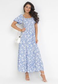 Born2be - Niebieska Rozkloszowana Sukienka Maxi w Kwiaty Casceia. Kolor: niebieski. Wzór: kwiaty. Długość: maxi #4
