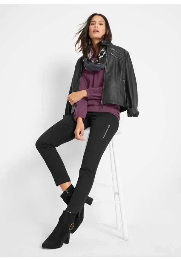 bonprix - Bluzka bawełniana z czystej bawełny z długim rękawem i gumką. Typ kołnierza: dekolt w serek. Kolor: fioletowy. Materiał: bawełna. Długość rękawa: długi rękaw. Długość: długie