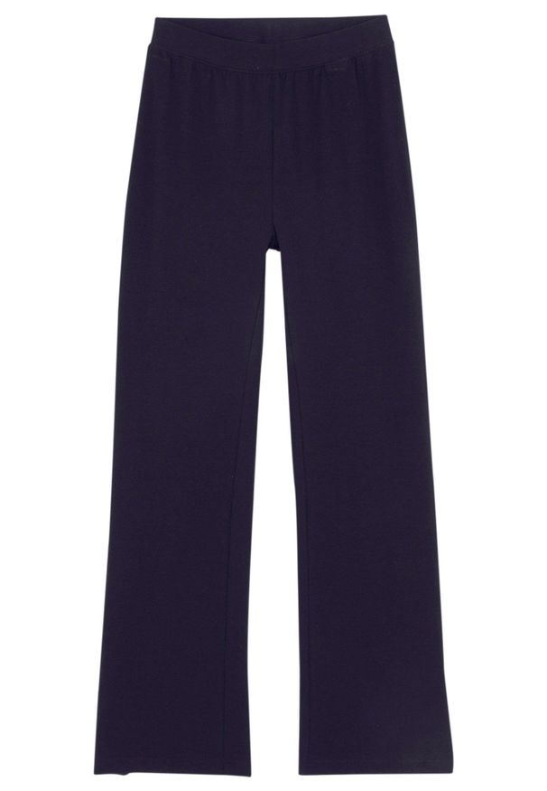 bonprix - Spodnie z poszerzaną nogawką z mieszanki bawełny organicznej z rozcięciami po bokach. Kolor: niebieski. Materiał: bawełna