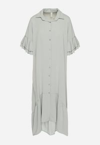 Born2be - Jasnozielona Sukienka Koszulowa z Ozdobną Falbanką Daviravie. Okazja: na co dzień. Kolor: zielony. Typ sukienki: koszulowe. Styl: elegancki, casual, klasyczny #4