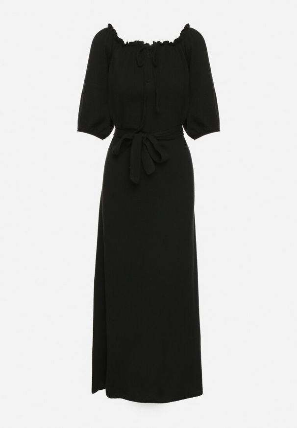 Born2be - Czarna Trapezowa Muślinowa Sukienka z Bawełny z Paskiem i Gumką w Talii Vimarinn. Okazja: na co dzień. Typ kołnierza: dekolt hiszpanka. Kolor: czarny. Materiał: bawełna. Typ sukienki: trapezowe. Styl: casual