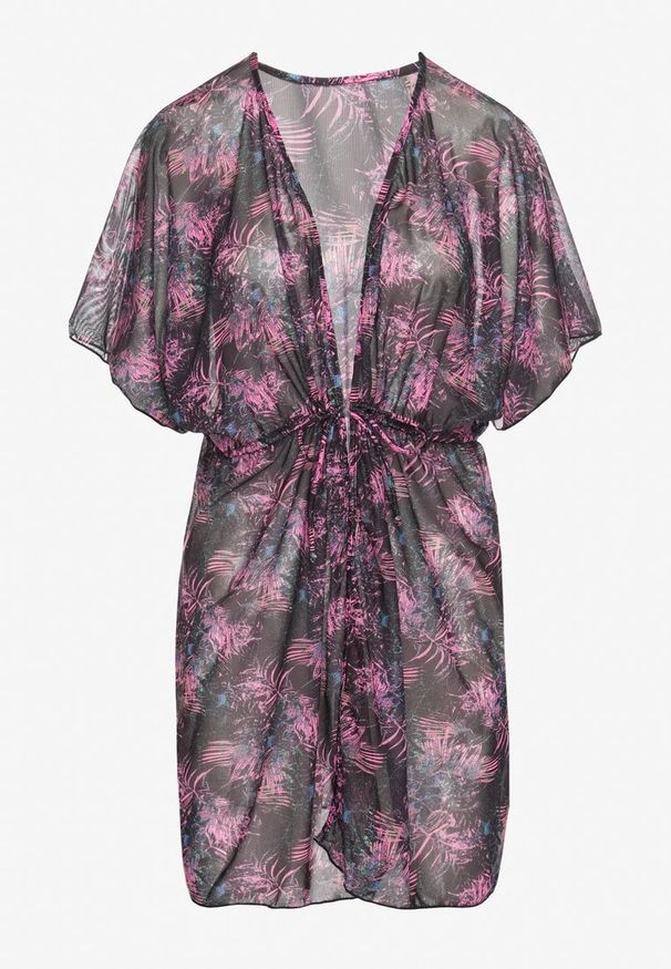 Born2be - Czarna Narzutka Plażowa w Kwiaty z Wiązaniem Ulonesia. Okazja: na plażę. Kolor: czarny. Wzór: kwiaty. Sezon: lato. Styl: casual, klasyczny