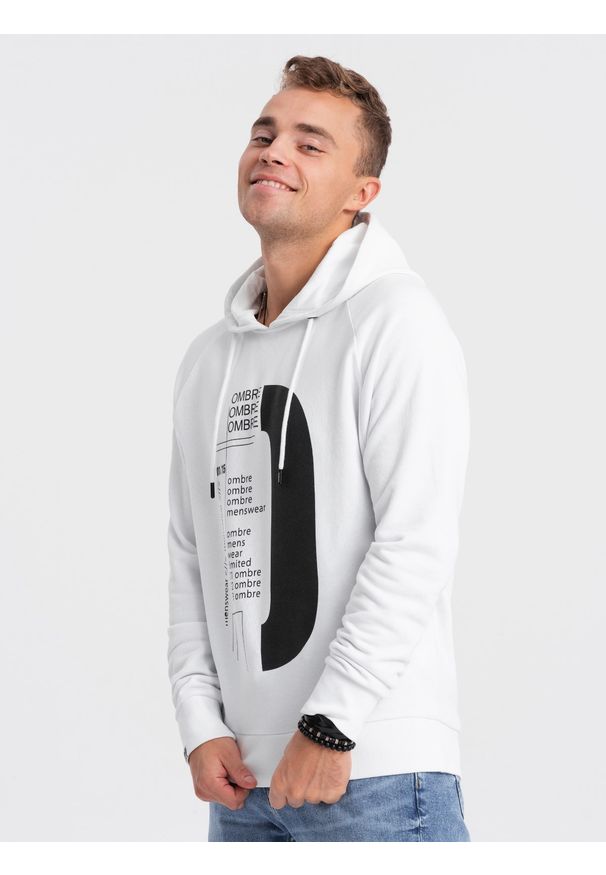 Ombre Clothing - Męska bluza z nadrukiem HOODIE - biała V1 - Rozmiar: S. Kolor: biały. Materiał: poliester, bawełna. Wzór: nadruk