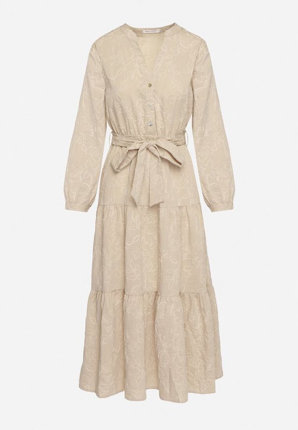 Born2be - Beżowa Rozkloszowana Sukienka z Gumką i Wiązanym Paskiem w Talii Javara. Okazja: na co dzień. Kolor: beżowy. Materiał: jeans. Typ sukienki: rozkloszowane. Styl: casual, elegancki, klasyczny