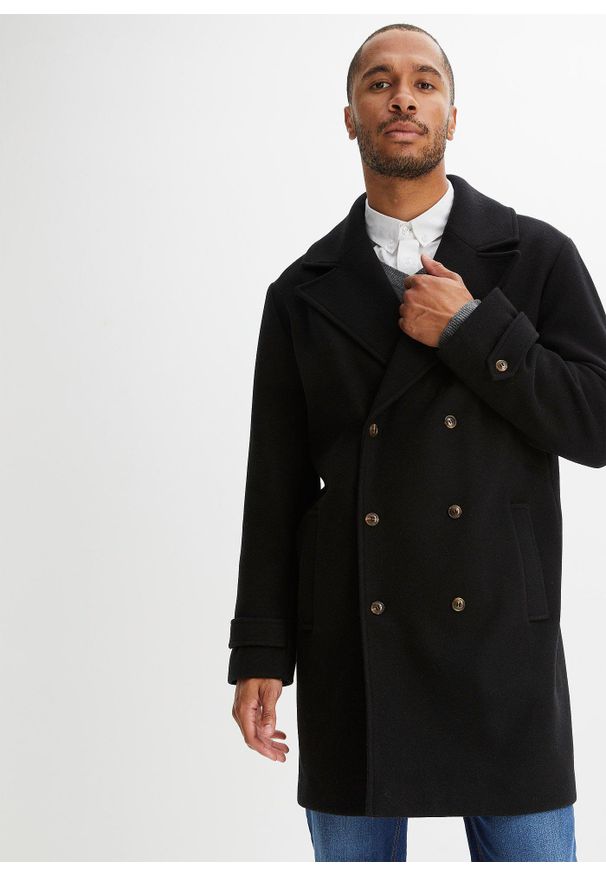 bonprix - Płaszcz dwurzędowy z materiału z domieszką wełny. Kolor: czarny. Materiał: wełna, materiał