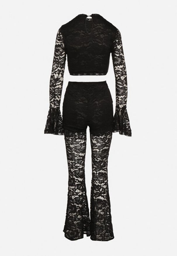 Born2be - Czarny Komplet Koronkowy Bluzka i Spodnie Dzwony Nanireas. Kolor: czarny. Materiał: koronka. Wzór: aplikacja