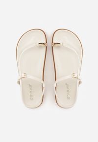 Renee - Beżowe Sandały Japonki na Palec na Platformie z Metaliczną Ozdobą Rinevia. Kolor: beżowy. Materiał: jeans. Wzór: aplikacja. Sezon: lato. Obcas: na platformie. Styl: elegancki #5