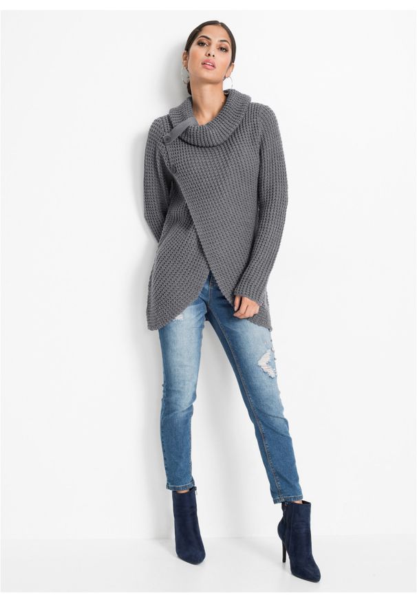bonprix - Sweter z dzianiny o luźnym splocie z golfem. Typ kołnierza: golf. Kolor: szary. Materiał: dzianina. Wzór: ze splotem. Styl: elegancki