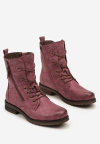 Renee - Bordowo-Różowe Botki w Stylu Workerów z Ozdobnym Suwakiem i Wężową Wstawką Vemalora. Okazja: na co dzień. Kolor: czerwony. Materiał: jeans, skóra. Styl: klasyczny, casual, elegancki