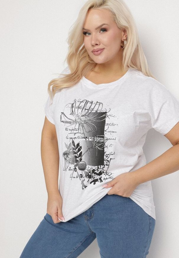 Born2be - Jasnoszary Bawełniany T-shirt z Metalicznym Nadrukiem Farilna. Okazja: na co dzień. Kolor: szary. Materiał: bawełna. Wzór: nadruk. Styl: casual