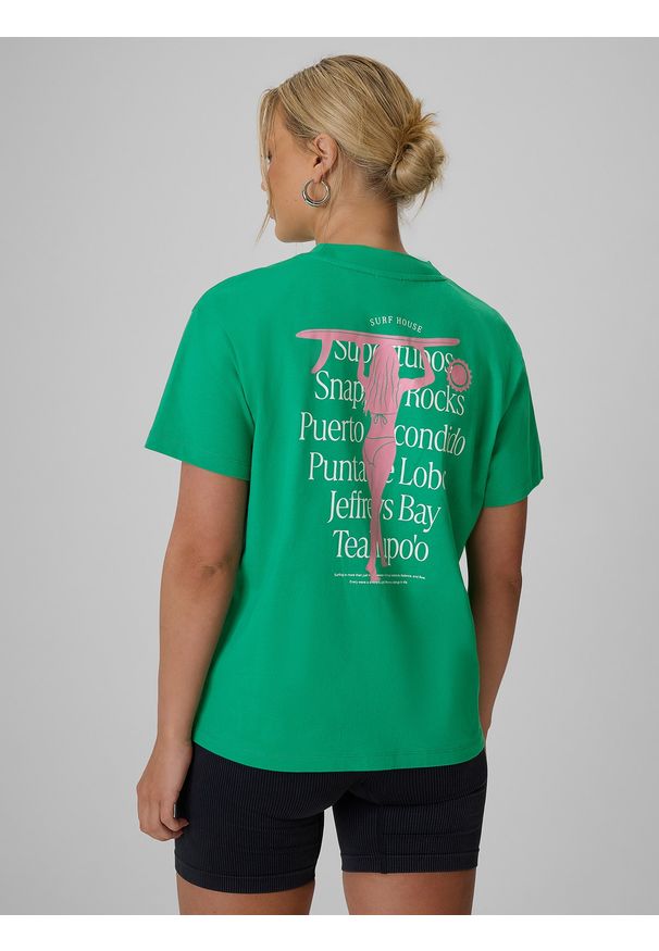4f - 4F T-shirt loose z nadrukiem damski - zielony L. Okazja: na co dzień, na spacer, do pracy, na plażę. Kolor: zielony. Materiał: bawełna, dzianina. Wzór: nadruk. Sezon: lato. Styl: wakacyjny, casual, klasyczny, sportowy