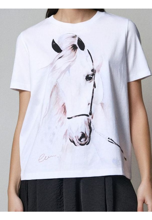 Sinsay - Bawełniana koszulka z nadrukiem - biały. Kolor: biały. Materiał: bawełna. Wzór: nadruk