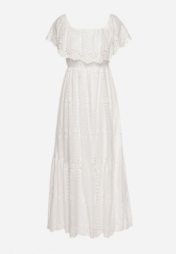 Born2be - Biała Sukienka Hiszpanka z Gumką w Pasie Ozdobiona Falbanką Lievana. Okazja: na co dzień. Typ kołnierza: dekolt hiszpanka. Kolor: biały. Materiał: materiał, jeans. Długość rękawa: krótki rękaw. Wzór: aplikacja. Styl: casual, elegancki