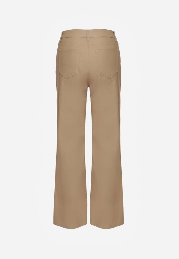 Renee - Beżowe Spodnie Woskowane o Szerokim Kroju High Waist Sezila. Okazja: na co dzień. Stan: podwyższony. Kolor: beżowy. Styl: casual