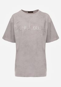 Born2be - Szary Bawełniany T-shirt Oversize z Haftowanym Napisem z Cekinami Aewai. Okazja: na co dzień. Kolor: szary. Materiał: bawełna. Wzór: haft, napisy. Styl: casual, elegancki #4