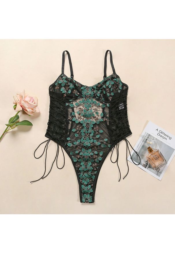 Intica - Body z haftem transparentne eleganckie Marice. Kolor: zielony. Materiał: materiał. Wzór: haft