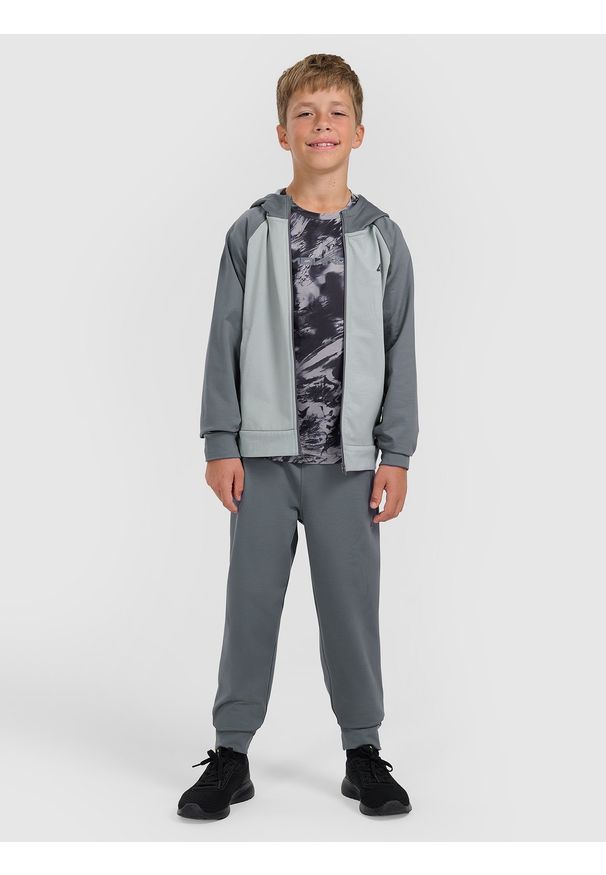 4f - 4F Bluza sportowa rozpinana z kapturem chłopięca - szara 134/140 (8-10 lat). Okazja: na co dzień. Typ kołnierza: kaptur. Kolor: szary. Materiał: skóra, dzianina. Sezon: lato. Styl: sportowy