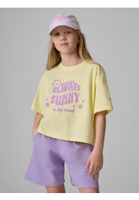 4f - 4F T-shirt loose z nadrukiem dziewczęcy - żółty 146/152 (10-12 lat). Okazja: na co dzień. Kolor: żółty. Materiał: materiał, bawełna, dzianina. Długość: krótkie. Wzór: nadruk. Sezon: lato. Styl: casual #1