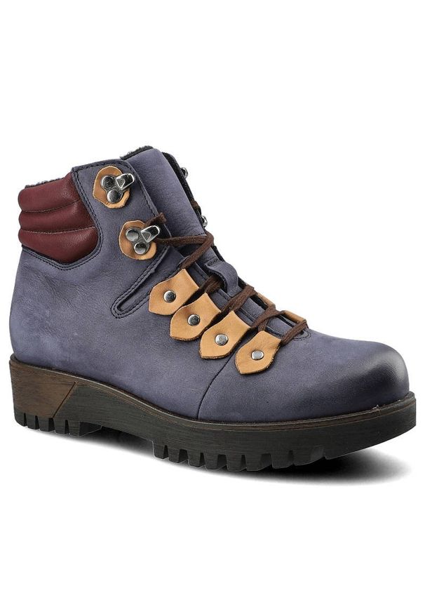 Botki damskie Pollonus, skórzane i solidnej podeszwie, granatowo-bordowe, 5-0958-005. Okazja: na co dzień. Zapięcie: sznurówki. Kolor: niebieski. Szerokość cholewki: normalna. Wzór: aplikacja. Materiał: skóra. Sezon: zima, jesień. Obcas: na obcasie. Styl: klasyczny, casual, elegancki. Wysokość obcasa: średni