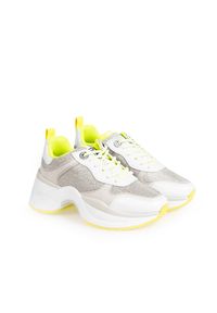 Guess Sneakersy "Juless" | FL7JUS FAB12 | Juless | Kobieta | Biały, Żółty. Kolor: wielokolorowy, biały, żółty. Materiał: skóra ekologiczna, materiał. Wzór: aplikacja. Obcas: na platformie