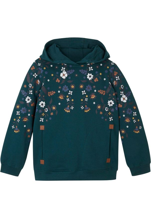 bonprix - Bluza z kapturem, bawełna organiczna. Typ kołnierza: kaptur. Kolor: niebieski. Materiał: bawełna. Wzór: nadruk, kwiaty