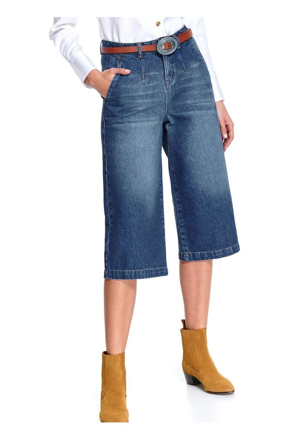 TOP SECRET - Spodnie jeansowe culotte o długości siedem ósmych. Kolor: niebieski. Materiał: jeans. Wzór: aplikacja. Sezon: wiosna. Styl: klasyczny
