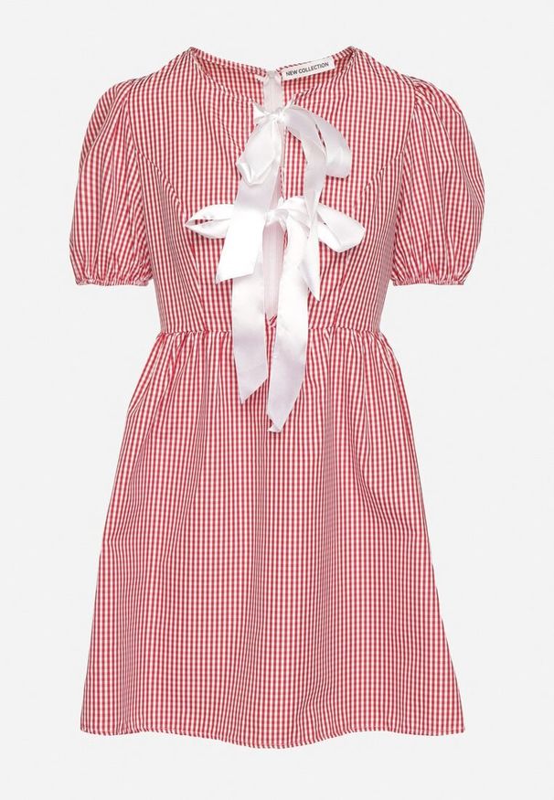 Born2be - Czerwona Rozkloszowana Sukienka w Kratkę Vichy w Stylu Retro z Wiązaniem Telionea. Okazja: na co dzień. Kolor: czerwony. Wzór: kratka. Typ sukienki: rozkloszowane. Styl: retro