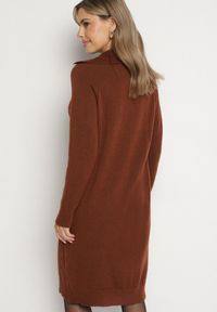 Born2be - Brązowa Sweterkowa Sukienka Pudełkowa z Bawełną i Wełną Ozdobiona Suwakiem Reimia. Okazja: na co dzień. Kolor: brązowy. Materiał: wełna, bawełna. Wzór: aplikacja. Styl: klasyczny, casual #3