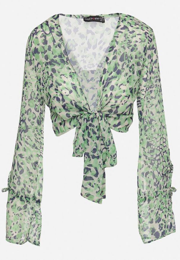 Born2be - Zielona Przezroczysta Bluzka z Długim Rękawem i Wiązaniem Yacia. Okazja: na co dzień, na randkę. Typ kołnierza: dekolt w serek. Kolor: zielony. Materiał: jeans. Długość rękawa: długi rękaw. Długość: długie. Styl: casual