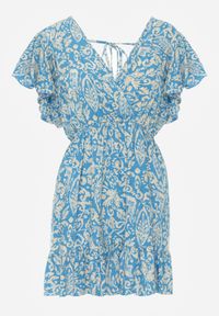 Renee - Niebieska Sukienka z Bawełny o Rozkloszowanym Kroju Ozdobiona Falbanami i Gumką w Talii Neliaura. Okazja: na co dzień, na imprezę. Typ kołnierza: dekolt w kształcie V. Kolor: niebieski. Materiał: bawełna. Wzór: aplikacja. Sezon: lato. Typ sukienki: proste, rozkloszowane. Styl: elegancki, casual #7