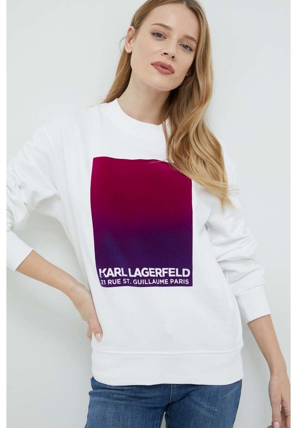 Karl Lagerfeld bluza bawełniana damska kolor biały z aplikacją. Kolor: biały. Materiał: bawełna. Wzór: aplikacja