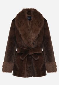 Born2be - Brązowa Kurtka Futerko z Wiązanym Paskiem Ozdobnymi Mankietami i Kołnierzem Coellame. Okazja: na co dzień. Kolor: brązowy. Materiał: futro. Styl: klasyczny, casual, elegancki #4