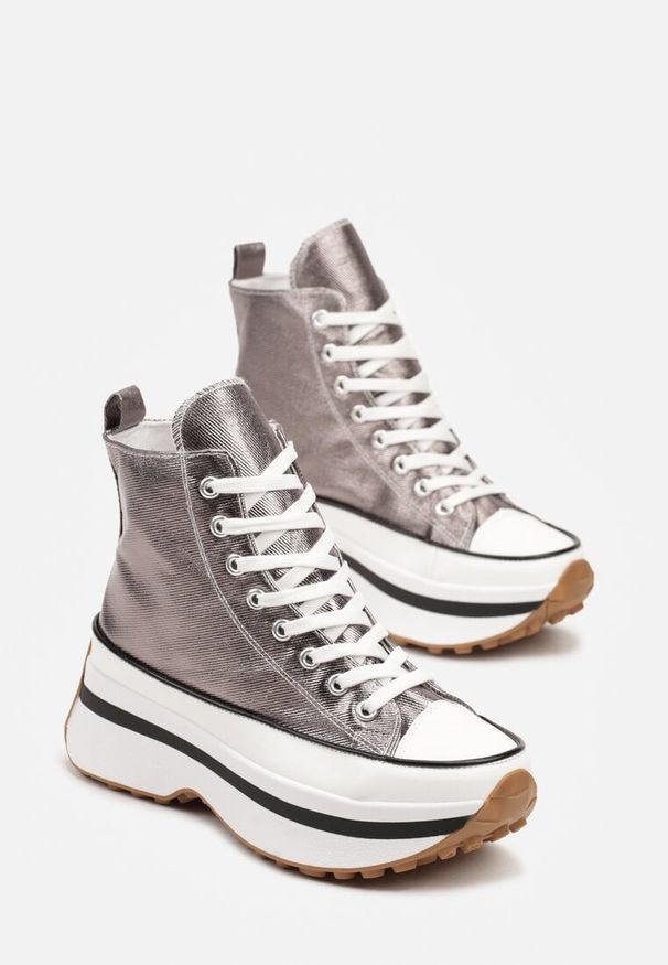 Born2be - Srebrno-Szare Trampki na Grubej Podeszwie z Wysoką Cholewką i Sznurowaniem Ezelavia. Okazja: na spotkanie biznesowe, do pracy. Wysokość cholewki: przed kolano. Kolor: srebrny. Materiał: jeans. Szerokość cholewki: normalna. Styl: biznesowy, elegancki, klasyczny