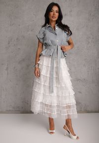 Renee - Jasnoniebieski Wiskozowo-Bawełniany Komplet Spódnica z Falbanami i Koszula z Wiązaniem Aethecea. Kolor: niebieski. Materiał: wiskoza, bawełna #8