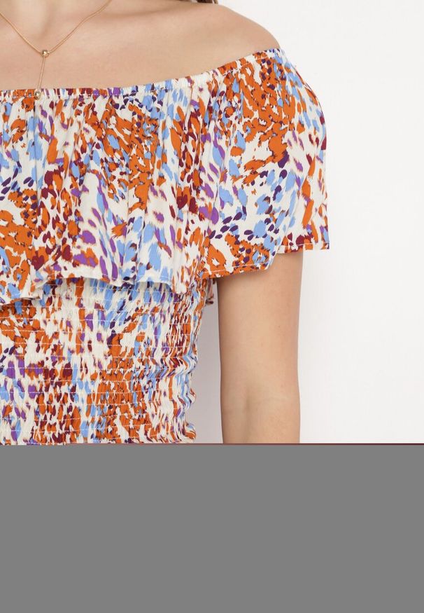 Born2be - Brązowo-Niebieska Sukienka Hiszpanka Mini z Elastycznej Wiskozy Zamra. Typ kołnierza: dekolt hiszpanka. Kolor: brązowy. Materiał: wiskoza. Sezon: lato. Długość: mini