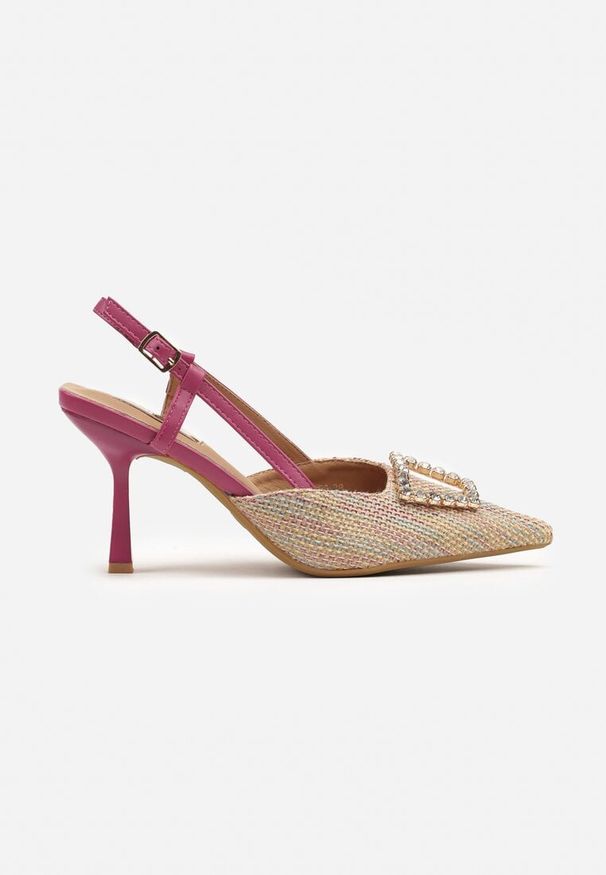 Born2be - Beżowo-Fuksjowe Szpilki Sling-Back z Motywem Plecionki z Metaliczną Ozdobą Siltina. Kolor: beżowy. Wzór: aplikacja. Obcas: na szpilce. Styl: elegancki