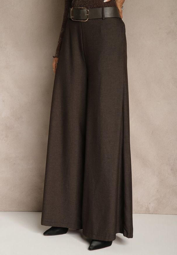 Renee - Brązowe Szerokie Garniturowe Spodnie z Bawełny High Waist Ozdobione Paskiem Tusneva. Okazja: na co dzień. Stan: podwyższony. Kolor: brązowy. Materiał: bawełna. Wzór: aplikacja. Styl: casual, elegancki, wizytowy