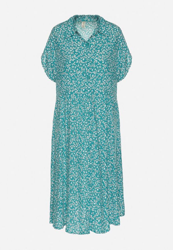 Born2be - Ciemnozielona Bawełniana Sukienka Koszulowa w Kwiaty z Rozkloszowanym Dołem Jerilsa. Okazja: na co dzień. Typ kołnierza: kołnierzyk klasyczny. Kolor: zielony. Materiał: bawełna. Długość rękawa: krótki rękaw. Wzór: kwiaty. Typ sukienki: koszulowe. Styl: elegancki, klasyczny, casual