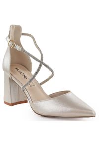 Sandały damskie na słupku z cyrkoniami złote Sabatina 750-1. Kolor: złoty. Materiał: skóra ekologiczna. Obcas: na słupku #1