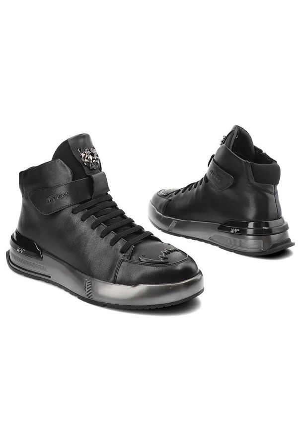 Czarne Sneakersy John Doubare Męskie Skórzane Buty. Okazja: na co dzień. Zapięcie: pasek. Kolor: czarny. Materiał: skóra. Wzór: aplikacja